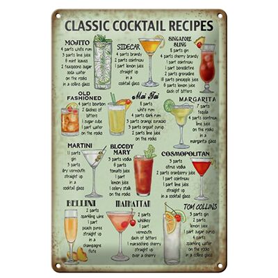 Plaque en tôle recette 20x30cm recettes de cocktails classiques Mojito