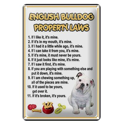 Cartel de chapa que dice leyes de propiedad del bulldog inglés de 20x30 cm