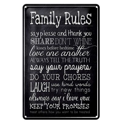 Targa in metallo 20x30 cm con scritta "Le regole della famiglia dicono per favore".