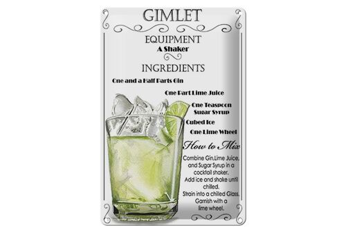 Blechschild 20x30cm Gimlet Equipment ingredients