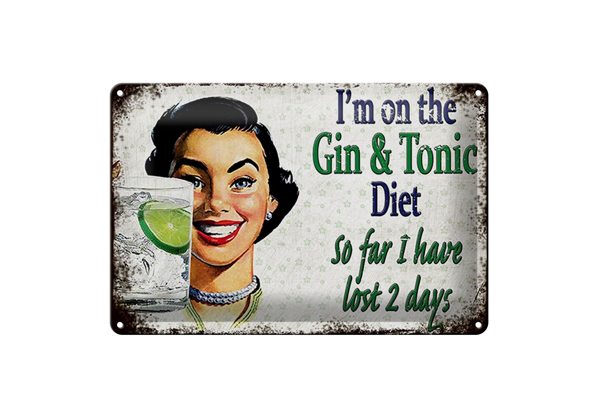 Targa in metallo 30x20 cm con scritta "Sto seguendo la dieta Gin Tonic".