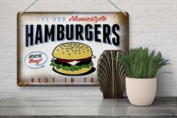 Plaque en tôle 30x20cm Hamburger meilleur de la ville 100% bœuf 3