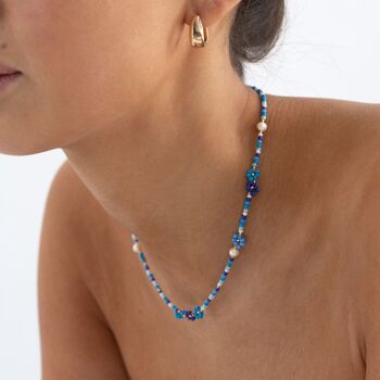 Elsa - Collier Perles Colorées Fleur et Perle Bleue 2