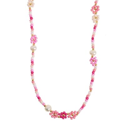 Elsa - Collana di fiori e perle rosa con perline colorate