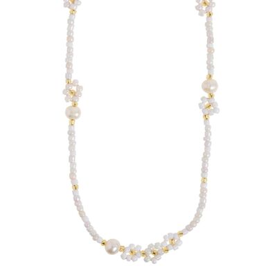 Elsa - Halskette mit Blumen und Perlen in Weiß