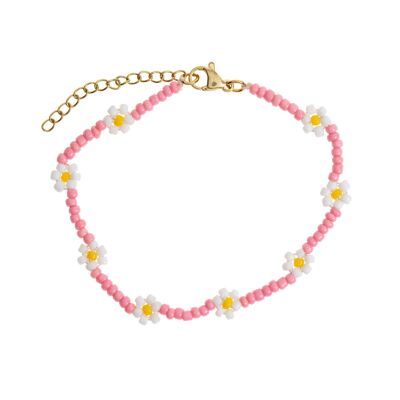 Fia - Bracelet d'été en perles roses et fleurs de marguerite