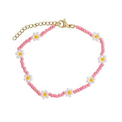 Fia - Bracciale estivo con perline rosa e fiori di margherite