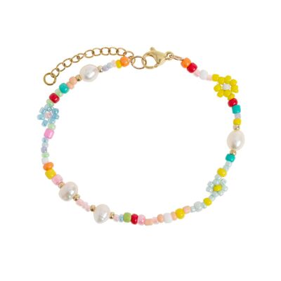 Sigrid - Blume und Perle Bunte Perlen Sommerarmband Edelstahl