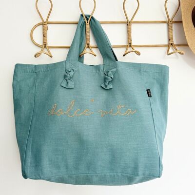 Linen and cotton tote bag - Teal Blue - Dolce Vita