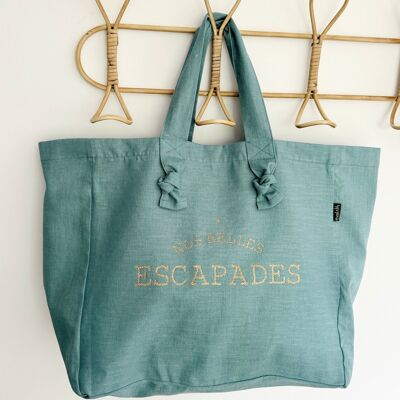 Linen and cotton tote bag - Teal Blue - Nos Belles Escapades