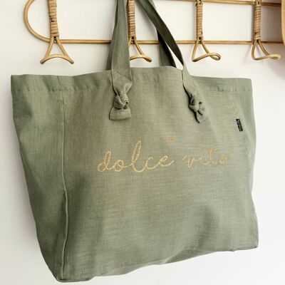 Linen and cotton tote bag - Almond Green - Dolce Vita