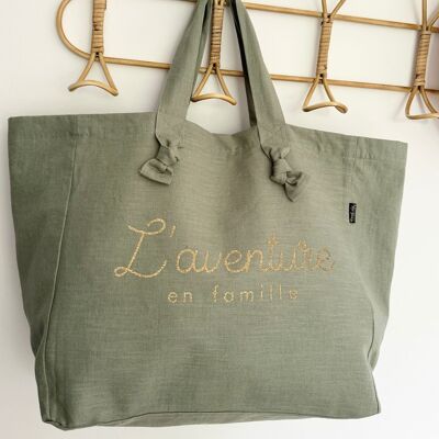 Linen and cotton tote bag - Almond Green - Family Adventure