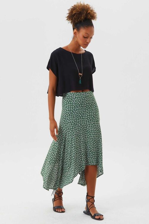 Asymmetric Cut Skirt With Waist Corsage Green