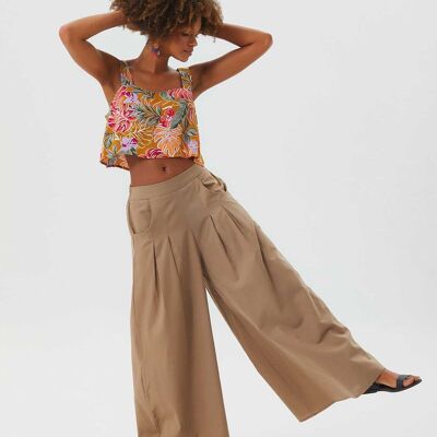 Pantaloni estivi bohémien in cotone con elastico in vita Beige