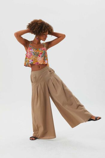 Pantalon d'été bohème en coton à taille élastique Beige 1