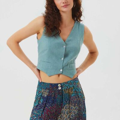 Gilet Boho senza maniche con scollo a V, taglio classico, azzurro