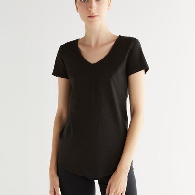 1223-021 | T-Shirt Col V Flammé Femme - Noir