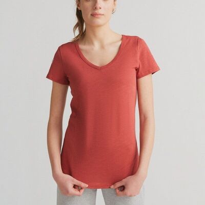 1223-052 | T-shirt Flammé da donna con scollo a V - Terracotta