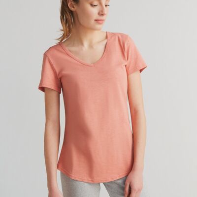 1223-053 | Camiseta mujer Flammé con cuello de pico rojo salmón