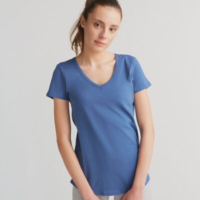 1223-054 | T-Shirt Col V Flammé Femme - Bleu Gentiane