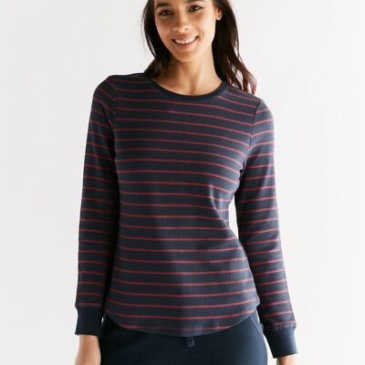 1252-049 | Chemise à manches longues pour femmes en tricot gaufré - Indigo/Rose