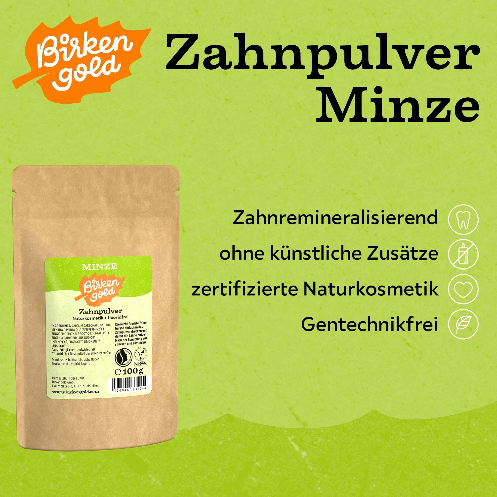 Birkengold Zahnpulver Minze Nachfüllbeutel 100g