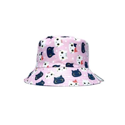 Cappello da pescatore reversibile con stampa di gatti rosa