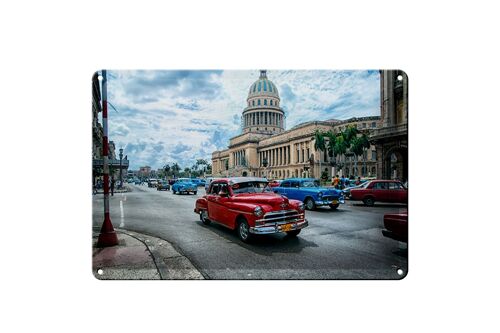 Blechschild 30x20cm Oldtimer in der Stadt Havanna Kuba rot blau