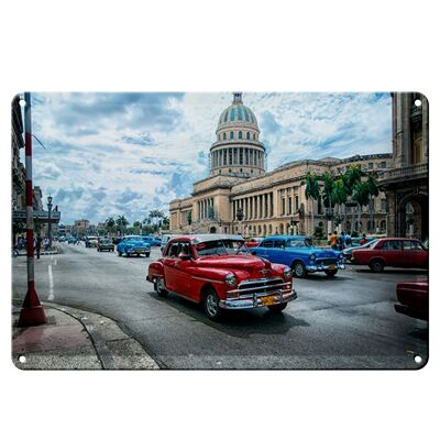 Cartel de chapa 30x20cm coche antiguo en la ciudad de La Habana Cuba rojo azul