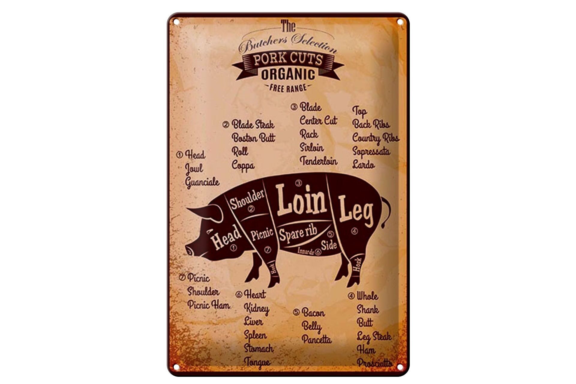 Cartel de chapa carnicero 20x30cm Cortes de cerdo cerdo ecológico