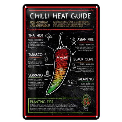 Cartel de chapa comida 20x30cm Guía de calor de chile fuego asiático tailandés