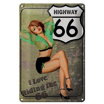 Cartel de chapa Pin Up 20x30cm Autopista 66 me encanta montar en el 66
