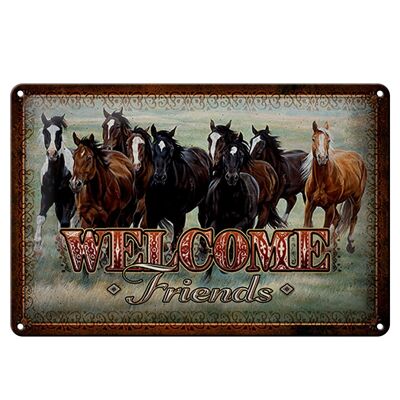 Plaque en tôle chevaux 20x30cm bienvenue amis