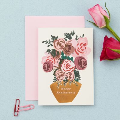Rosenkarte zum Jahrestag | Karte mit Blumen in einer Vase | Liebe