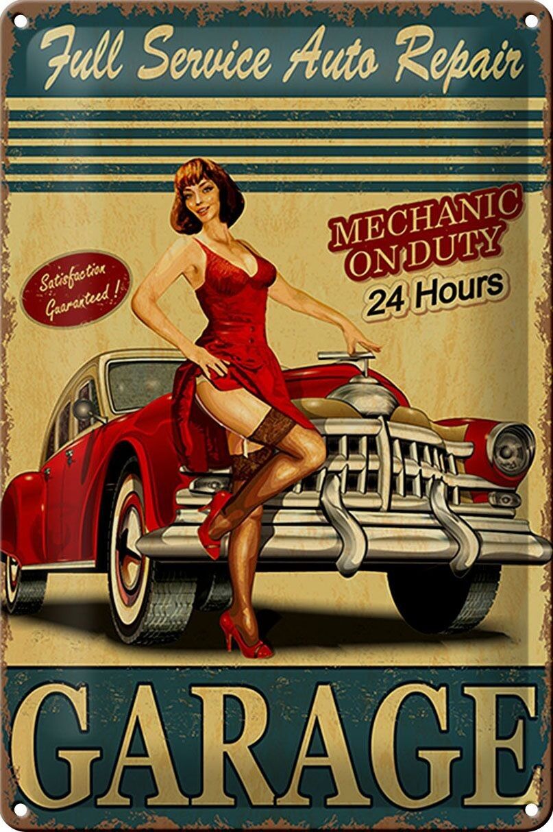 Targa in metallo Pinup 20x30 cm Garage Servizio completo di riparazione auto