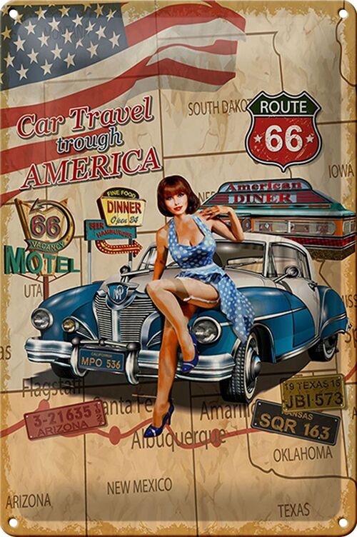 Blechschild Retro 20x30cm Pinup Car Travel trough America