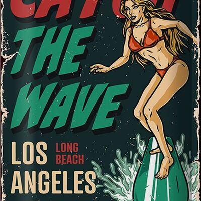 Targa in metallo Pinup 20x30 cm Surfing Girl Los Angeles Summer