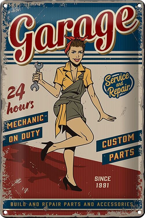 Blechschild Retro 20x30cm Pinup Garage 24hours repair Auto