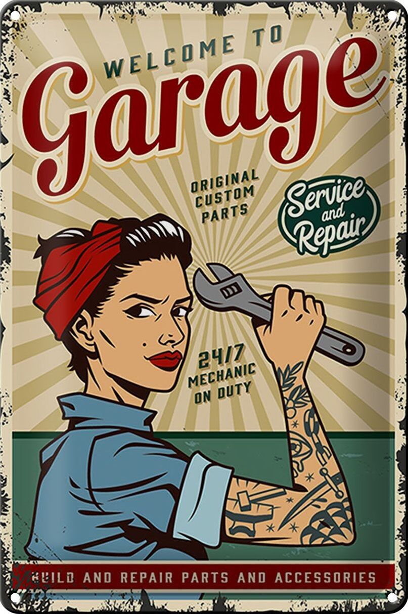 Targa in metallo retrò 20x30 cm Pinup benvenuto Servizio garage 24 ore su 24, 7 giorni su 7