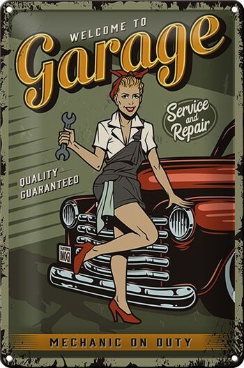 Plaque en tôle rétro 20x30cm Pinup bienvenue au service Garage 1