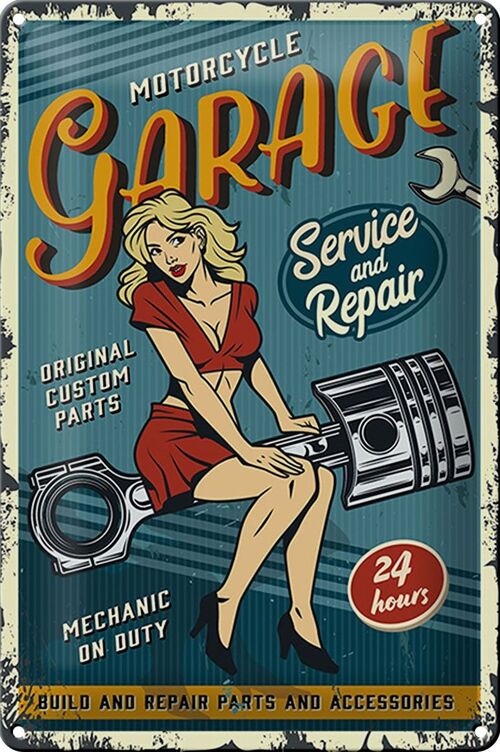 Blechschild Retro 20x30cm Pinup motorcycle Garage 24service