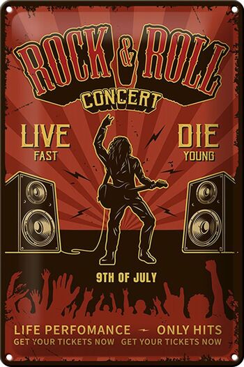 Plaque en tôle rétro 20x30cm Rock&Roll Concert live 9 juillet 1