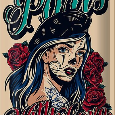 Cartel de chapa Pinup 20x30cm Tatuaje de París con amor