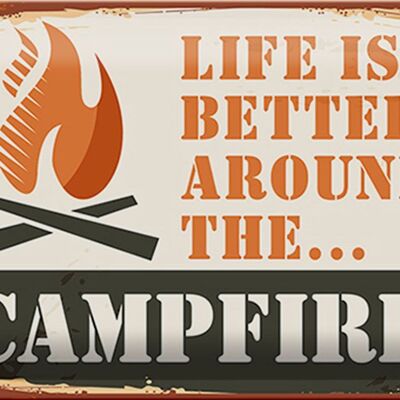 Panneau en étain Camping 30x20cm, la vie au feu de camp est meilleure en plein air