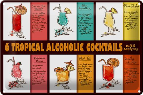 Blechschild 30x20cm 6 tropical cocktails recipes