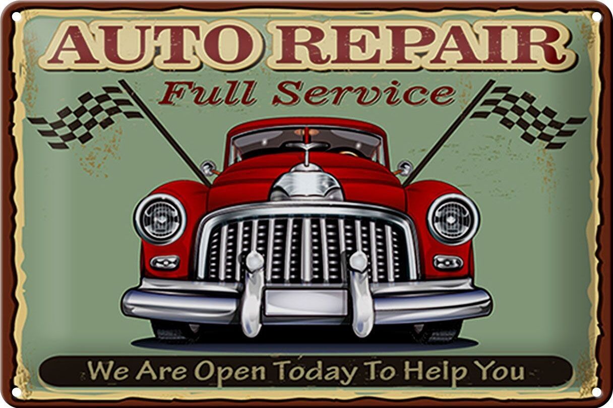 Targa in metallo Riparazione auto 30x20 cm servizio completo retrò