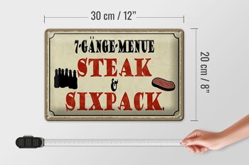 Panneau en étain indiquant 30x20cm, menu à 7 plats, steak six pack grill 4