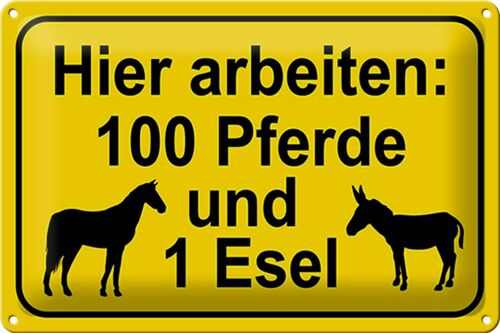 Blechschild Hinweis 30x20cm arbeiten 100 Pferde und 1 Esel