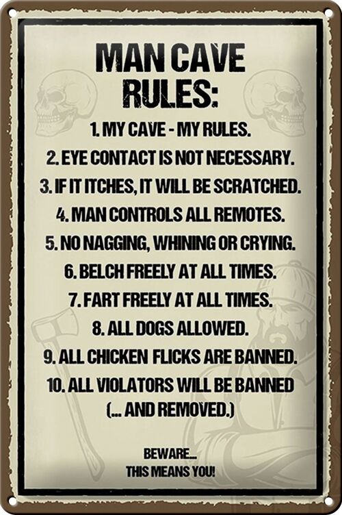 Blechschild Spruch 20x30cm Man Cave Rules my cave my rules
