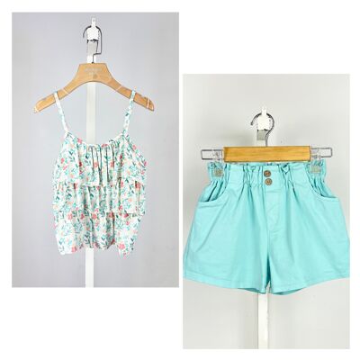 Floral top with straps and cotton shorts set for girls